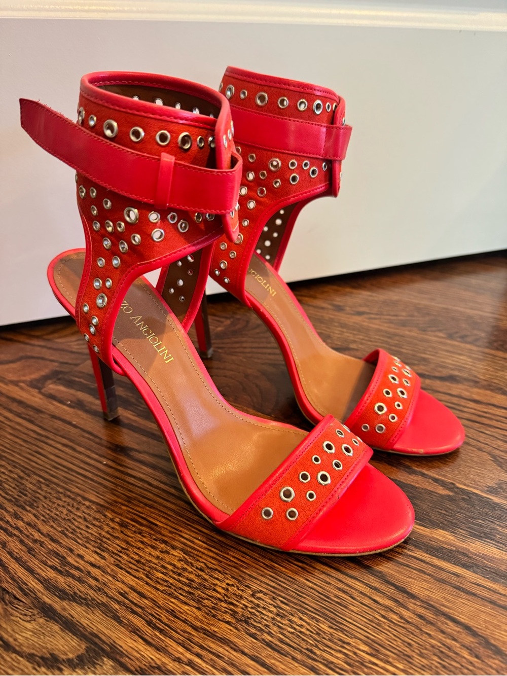 Women’s Enzo Angiolini Red Grommet Ankle-Strap High Heel Sandals 8.5